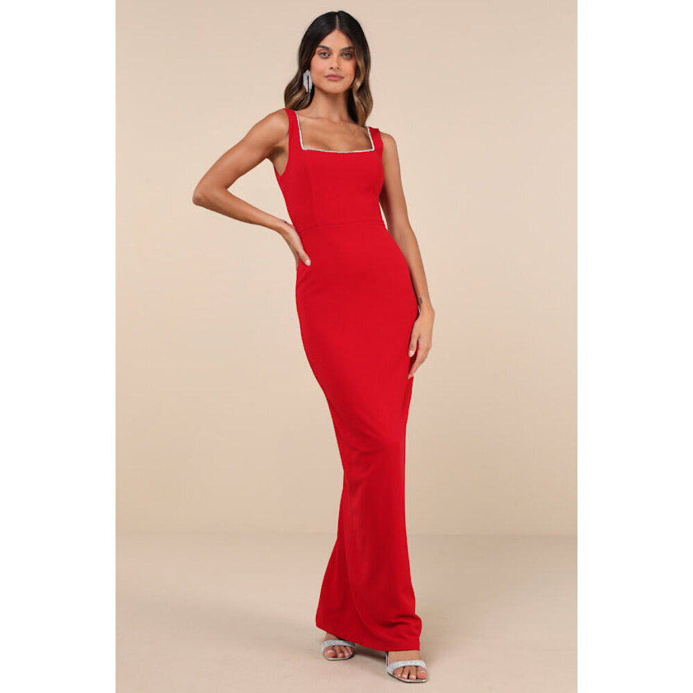 Lulus Timeless Poise Red Rhinestone Square Neck Backless Maxi Dress - Size S